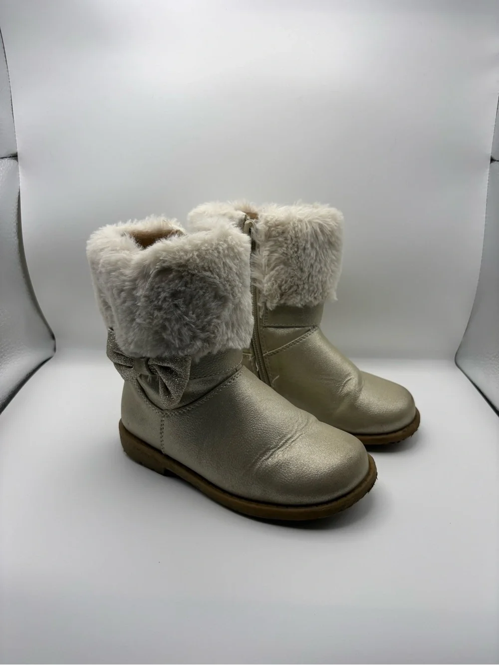 Rachel Shoes Metallic Gold Faux-Fur Cuff Kids Boots with Bow